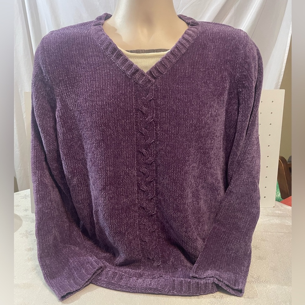 Bobbie Brooks Plush V-Neck Chenille Sweater in Deep Purple